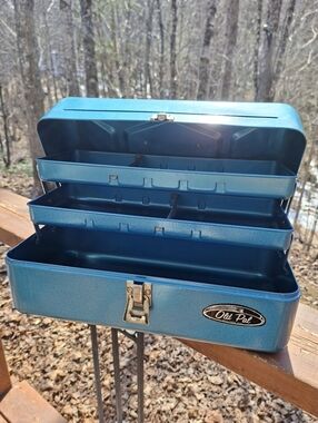 Old Pal Vintage Metal Fishing Tackle Box Fish Handle Metal Tray 70s